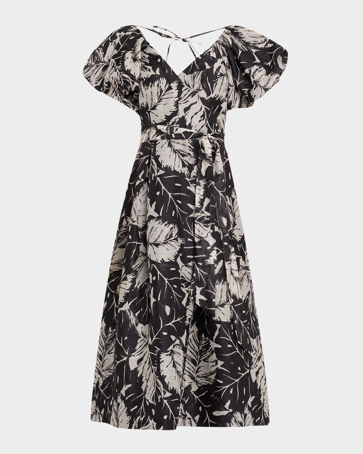 pleated botanical-print midi dress