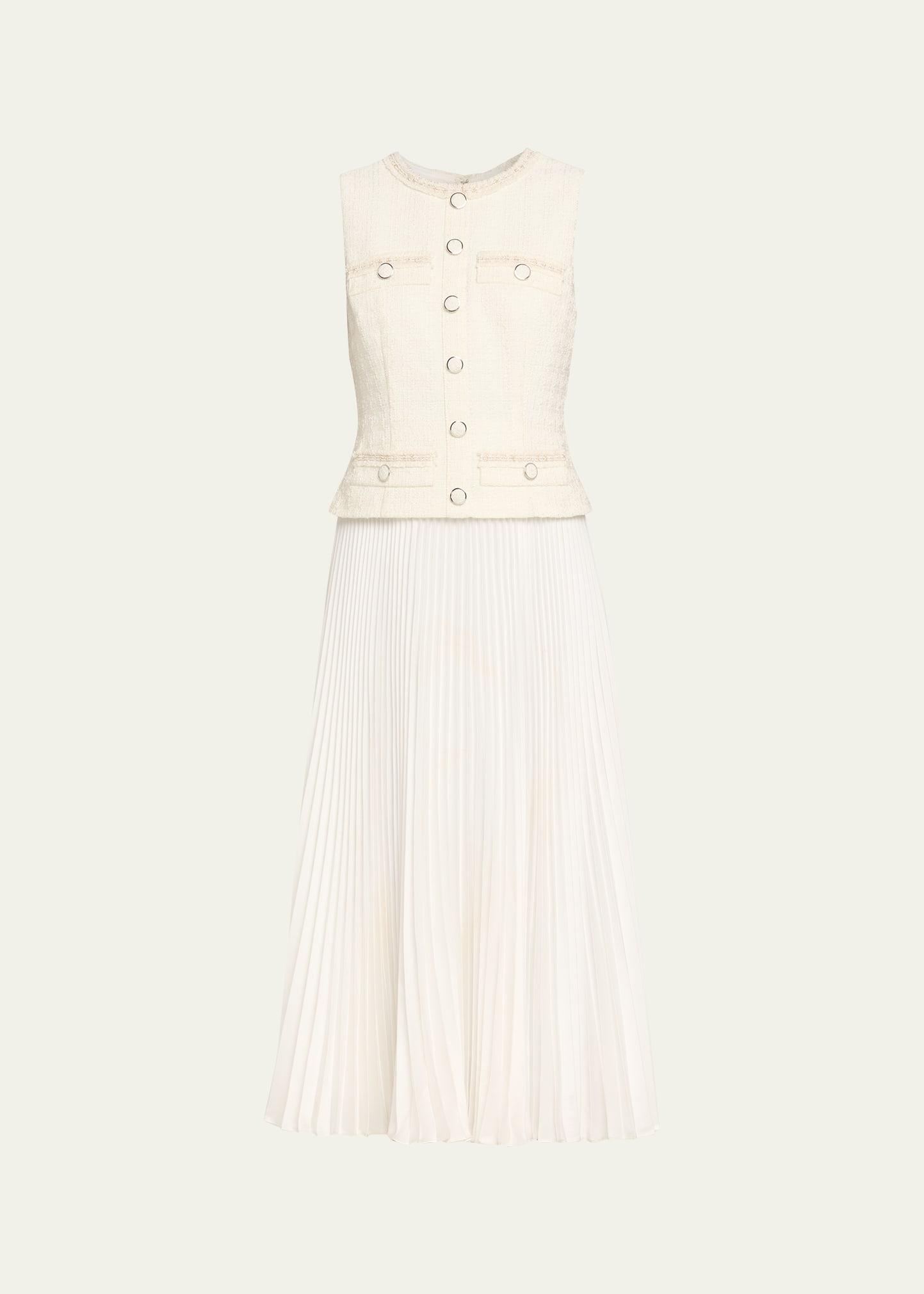 pleated boucle mixed media midi dress