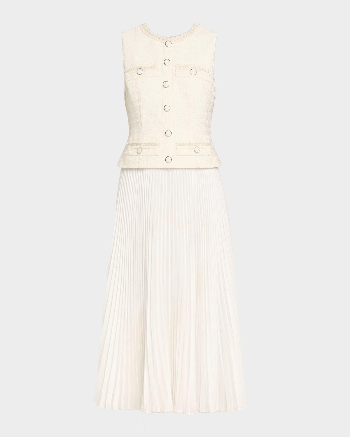 pleated boucle mixed media midi dress