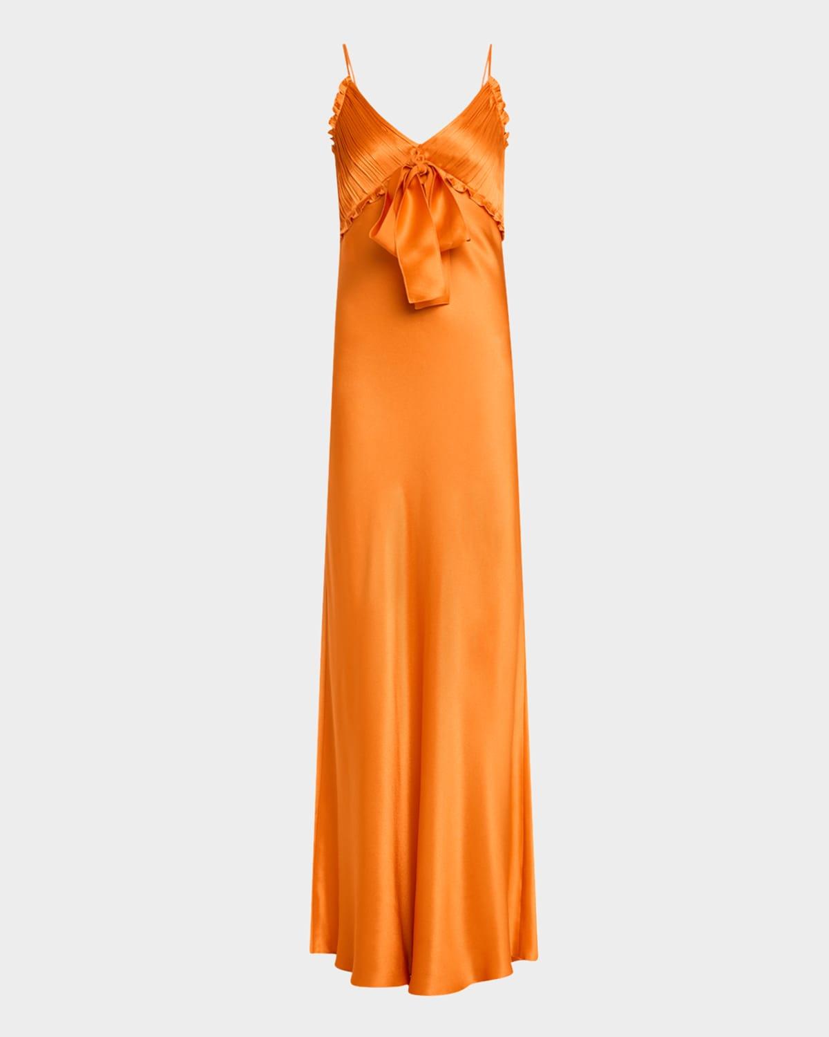 pleated bow satin gown