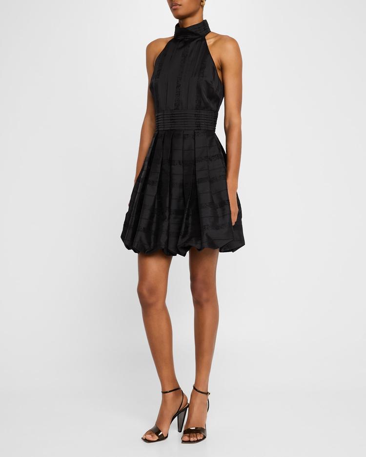 pleated bubble halter mini dress