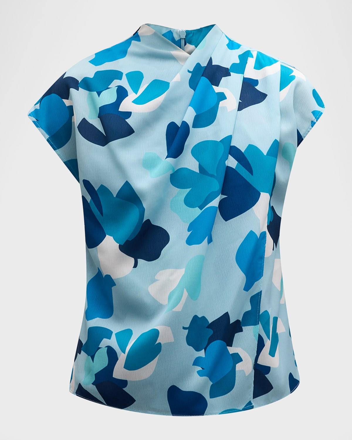 pleated cap-sleeve abstract-print blouse