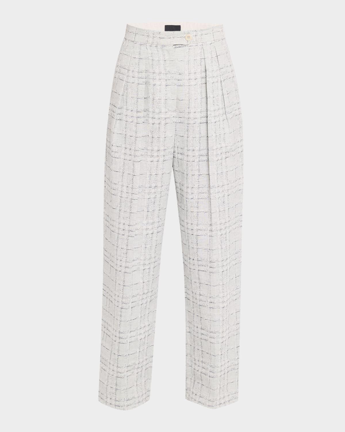 pleated check cotton-linen trousers