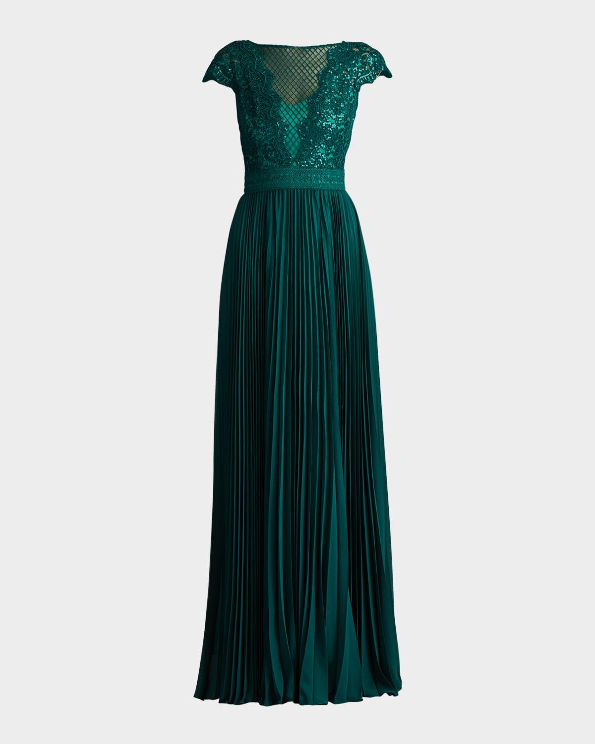 pleated chiffon & sequin lace gown