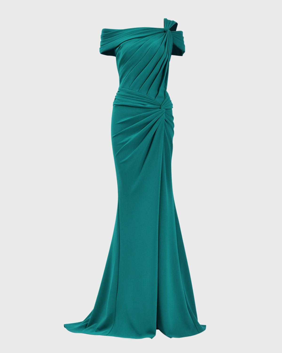pleated cold-shoulder crepe gown