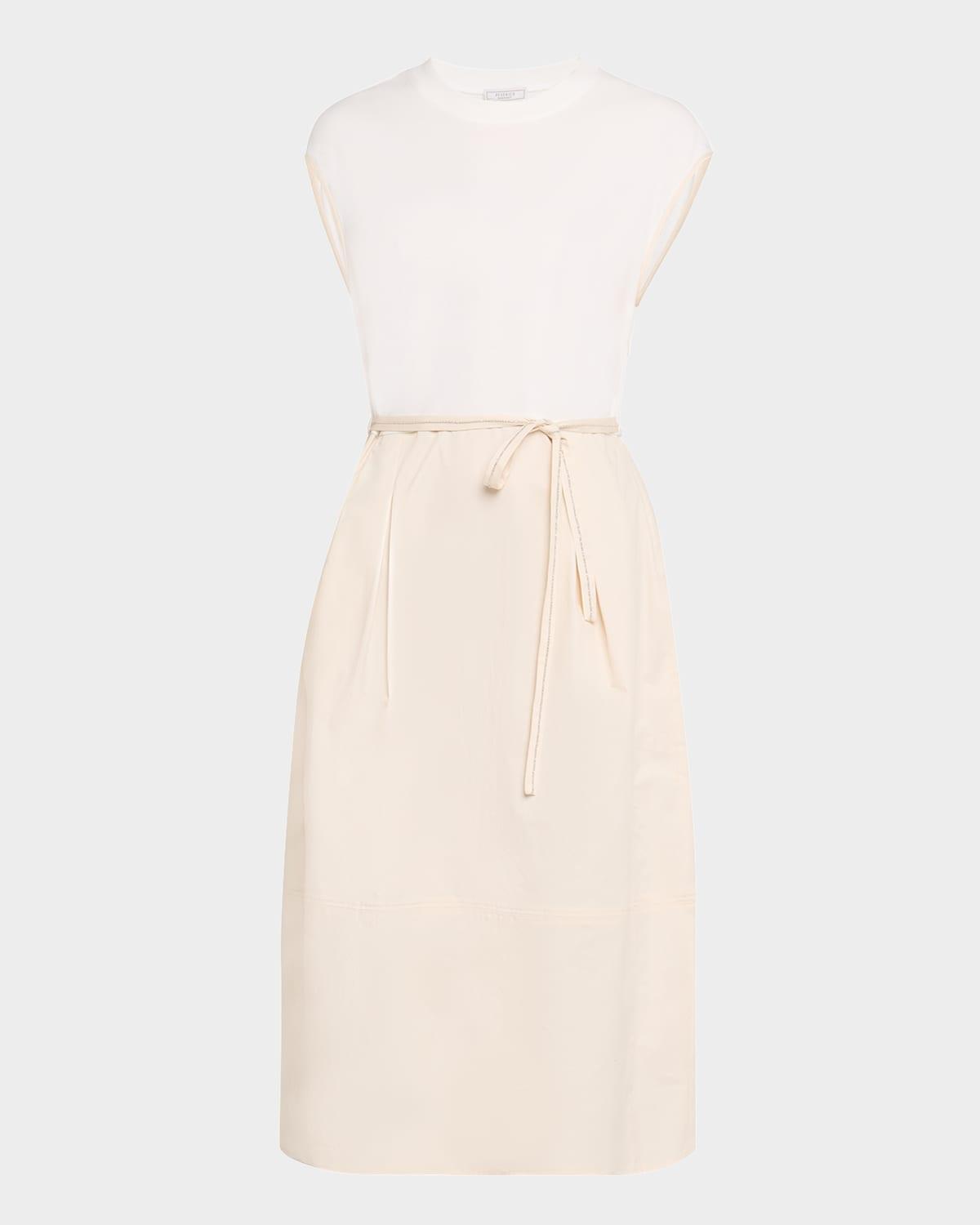 pleated colorblock mixed media midi dress