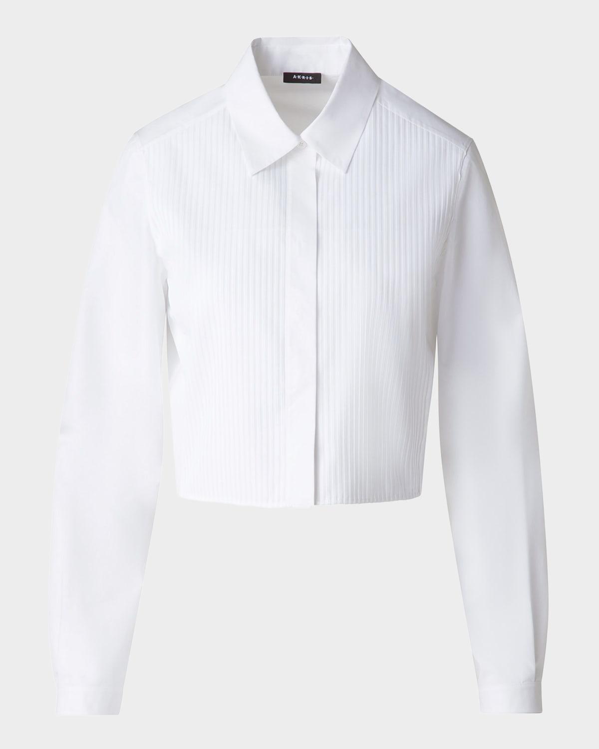 pleated cotton voile crop button-down blouse