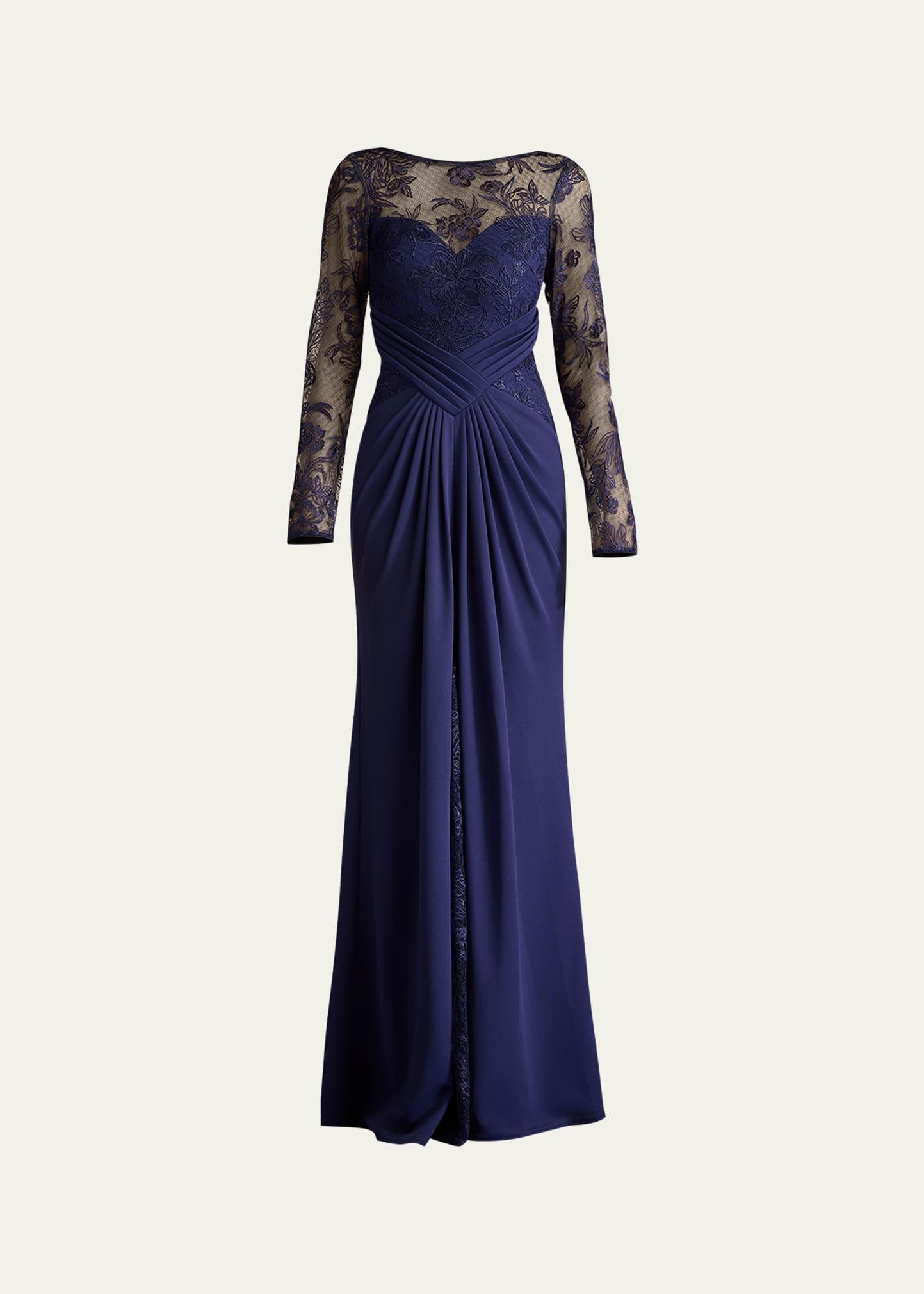 pleated crepe & embroidered lace gown