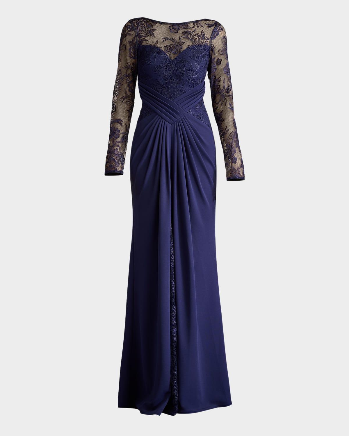 pleated crepe & embroidered lace gown