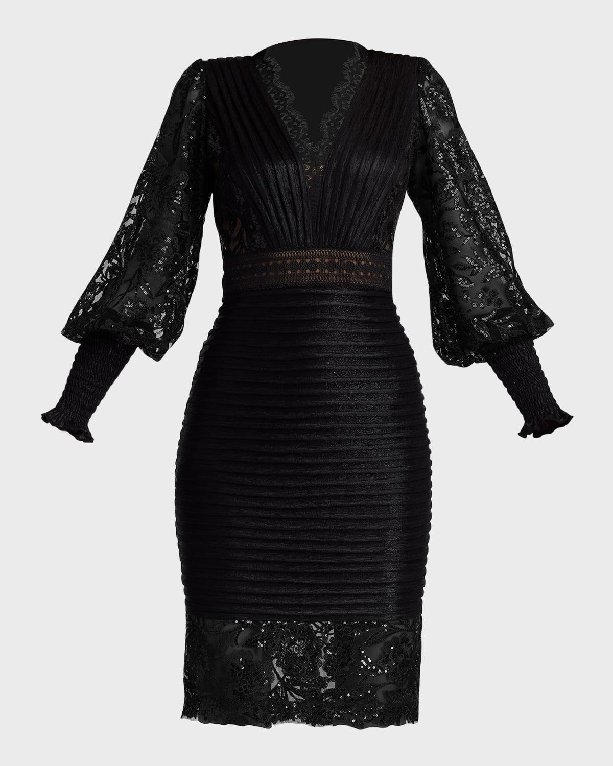 pleated crepe & sequin lace dress