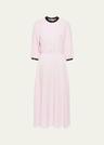 pleated crepe midi dress w/ contrast sequined trim