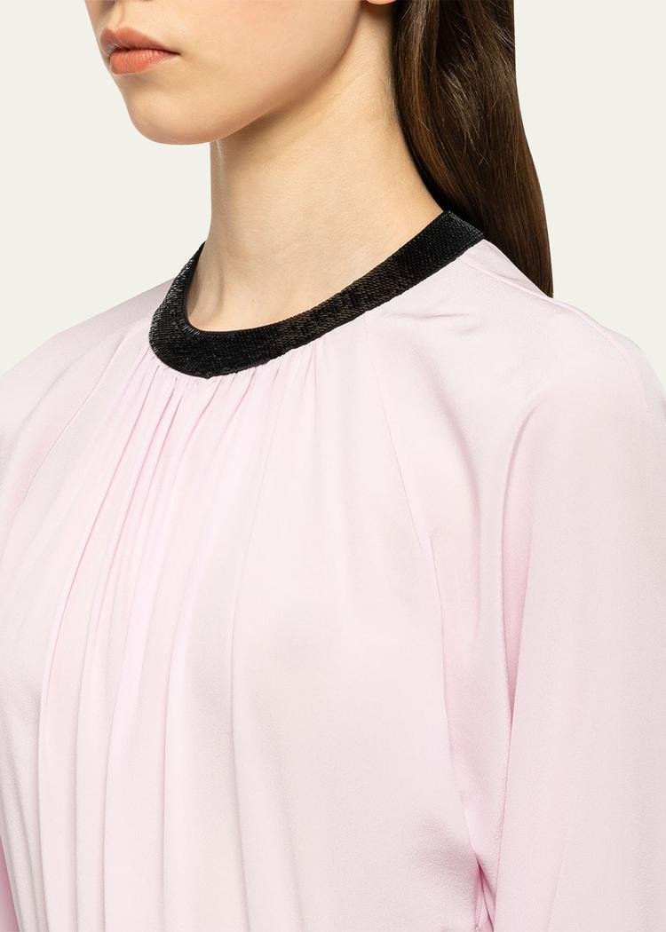 pleated crepe midi dress w/ contrast sequined trim