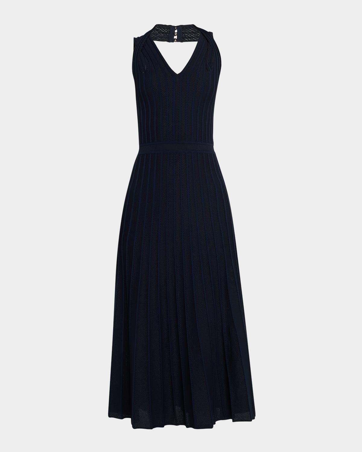 pleated diagonal welt knit strappy midi dress