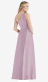 pleated draped one-shoulder satin maxi dress with pockets