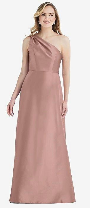 pleated draped one-shoulder satin maxi dress with pockets