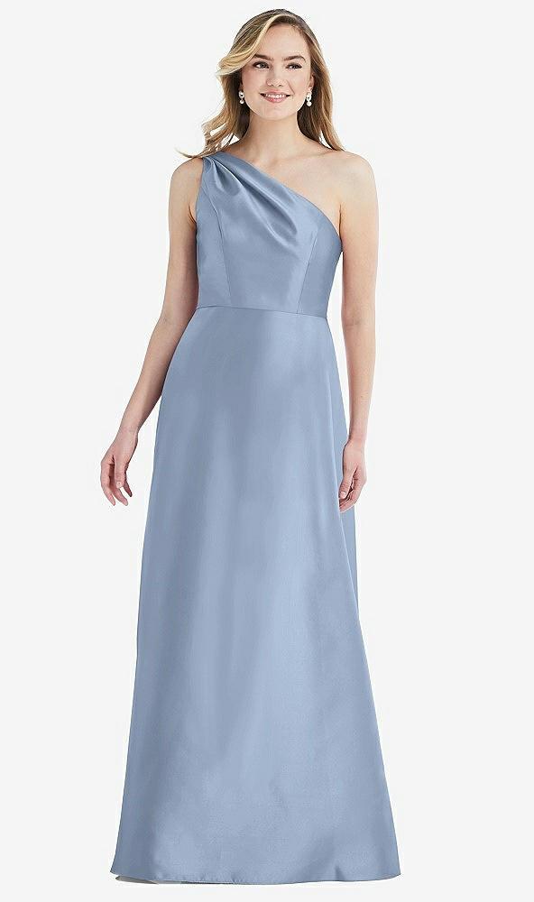 pleated draped one-shoulder satin maxi dress with pockets
