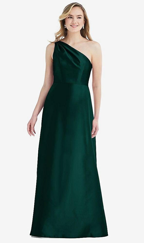 pleated draped one-shoulder satin maxi dress with pockets