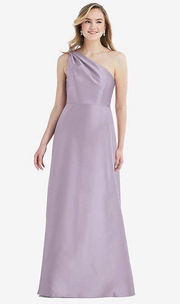 pleated draped one-shoulder satin maxi dress with pockets