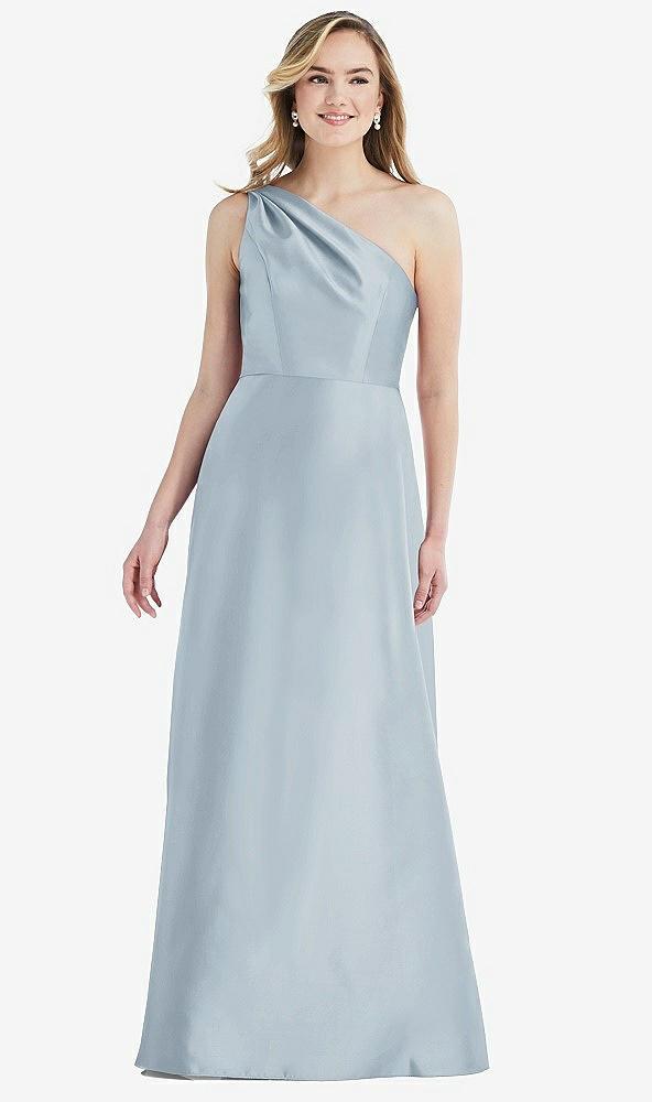 pleated draped one-shoulder satin maxi dress with pockets
