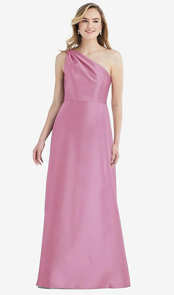 pleated draped one-shoulder satin maxi dress with pockets