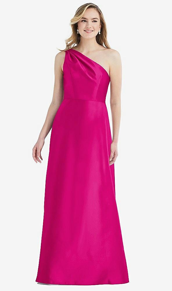 pleated draped one-shoulder satin maxi dress with pockets