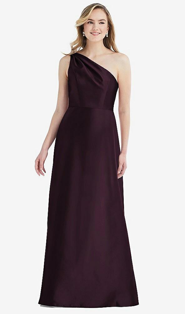 pleated draped one-shoulder satin maxi dress with pockets