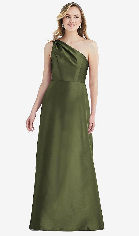 pleated draped one-shoulder satin maxi dress with pockets