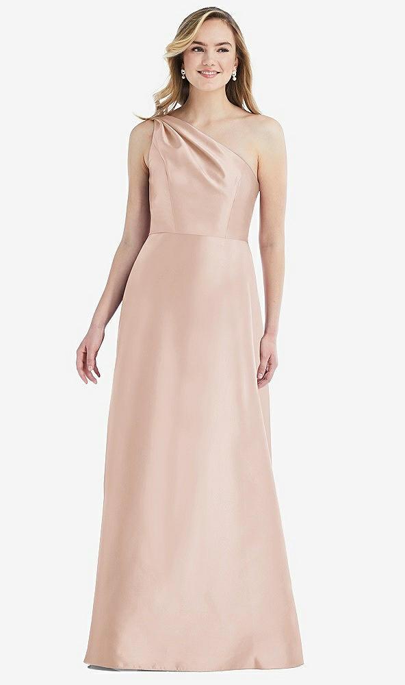 pleated draped one-shoulder satin maxi dress with pockets