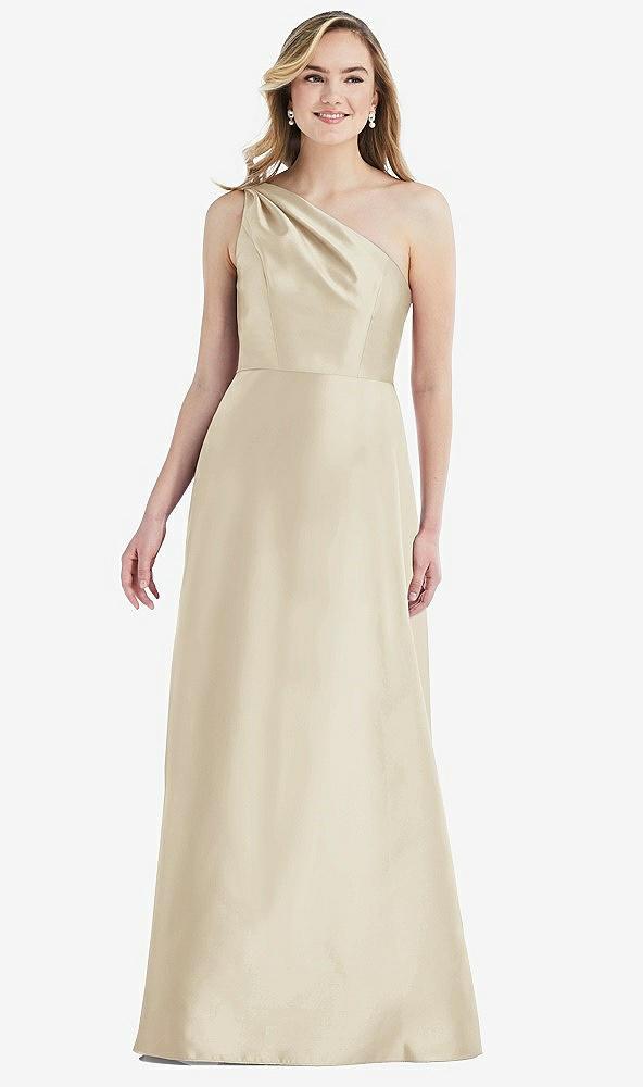 pleated draped one-shoulder satin maxi dress with pockets