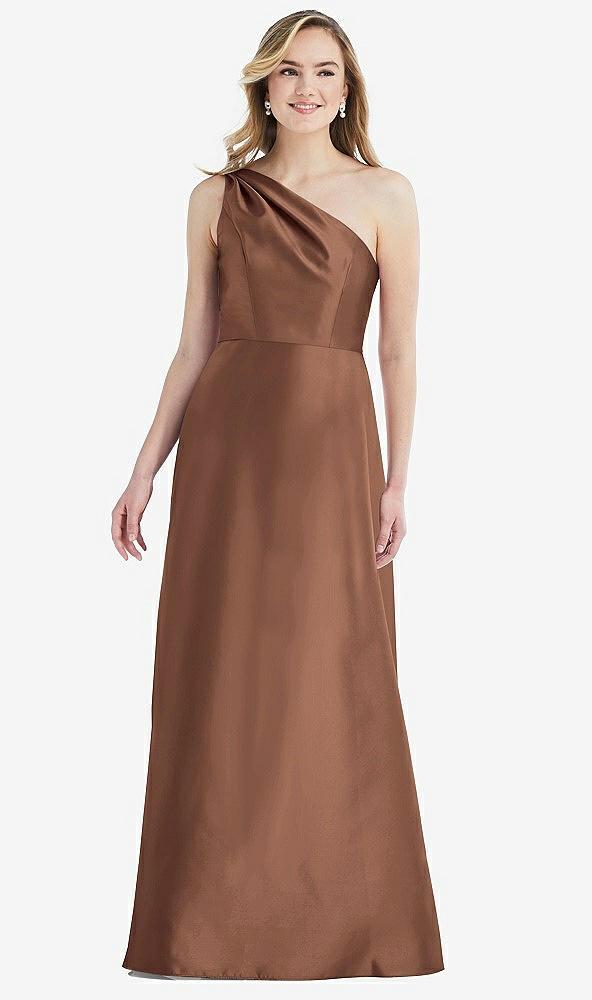 pleated draped one-shoulder satin maxi dress with pockets