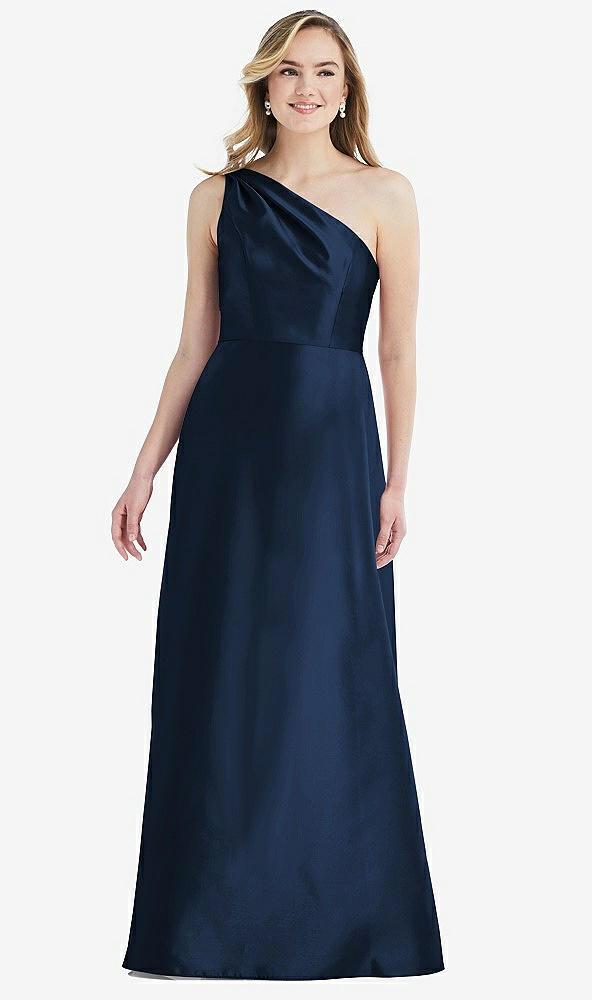 pleated draped one-shoulder satin maxi dress with pockets
