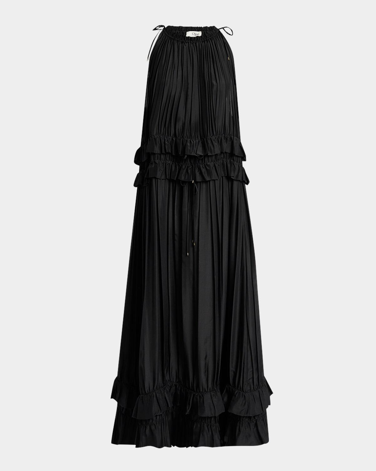 pleated drawstring sleeveless maxi dress