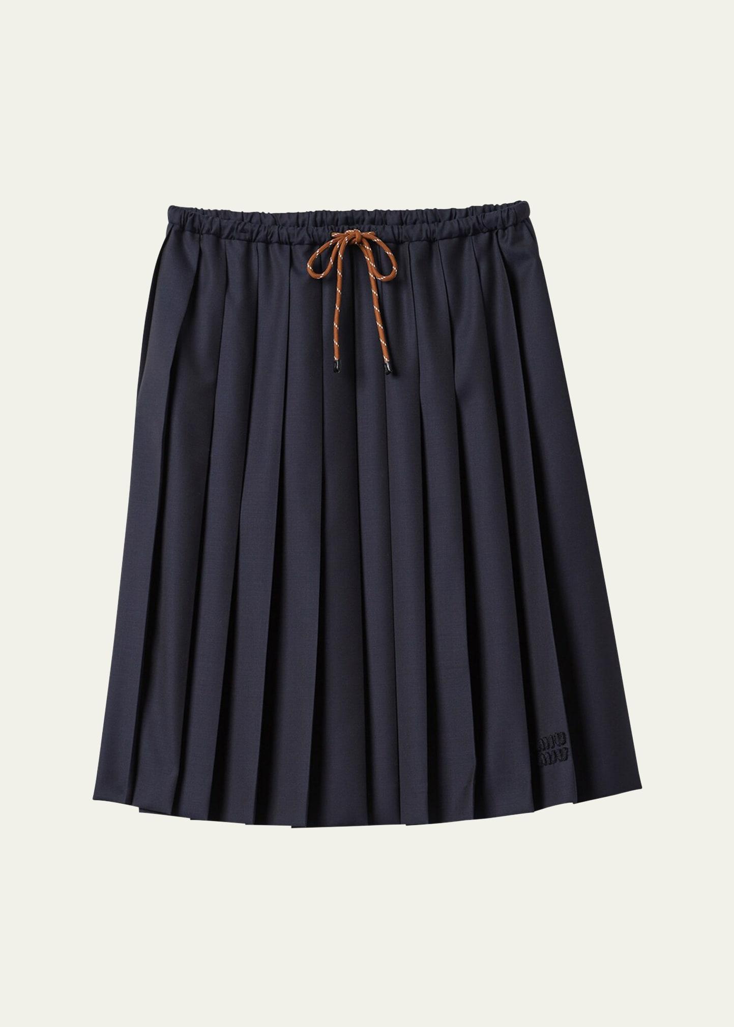 pleated drawstring waistband wool skirt