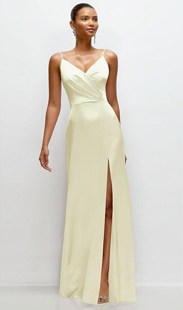 pleated faux wrap satin maxi dress with adjustable spaghetti straps