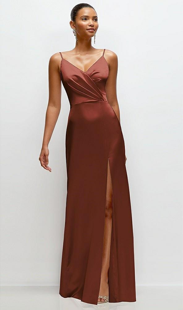 pleated faux wrap satin maxi dress with adjustable spaghetti straps