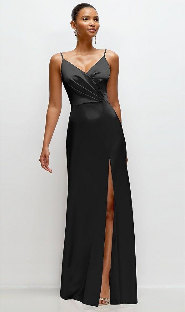 pleated faux wrap satin maxi dress with adjustable spaghetti straps