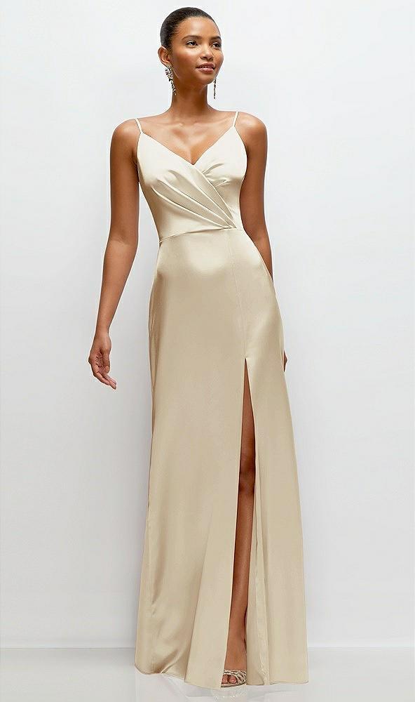 pleated faux wrap satin maxi dress with adjustable spaghetti straps