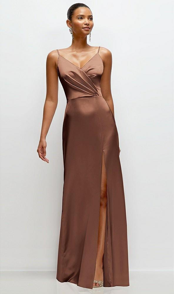 pleated faux wrap satin maxi dress with adjustable spaghetti straps