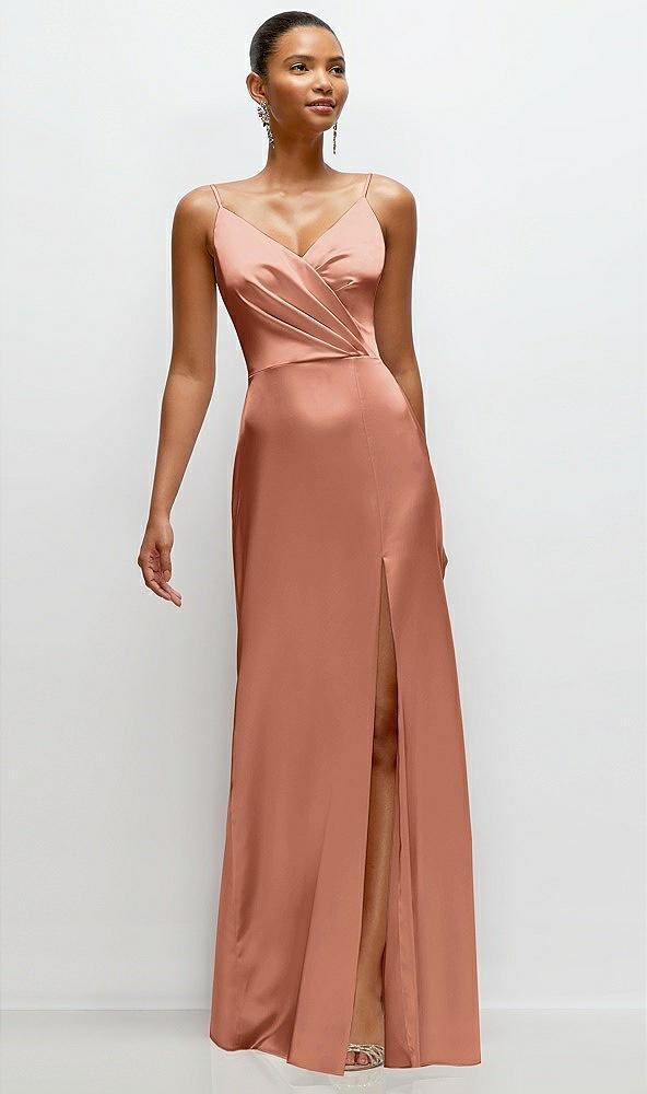 pleated faux wrap satin maxi dress with adjustable spaghetti straps