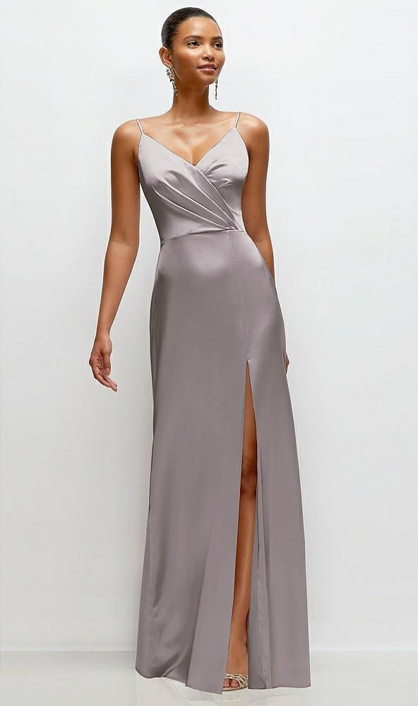pleated faux wrap satin maxi dress with adjustable spaghetti straps