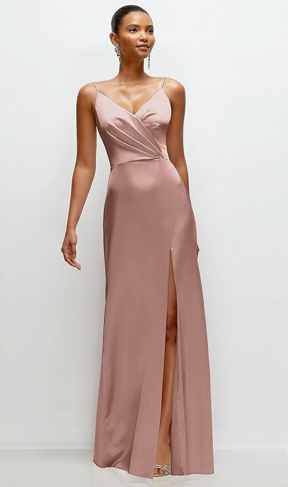pleated faux wrap satin maxi dress with adjustable spaghetti straps