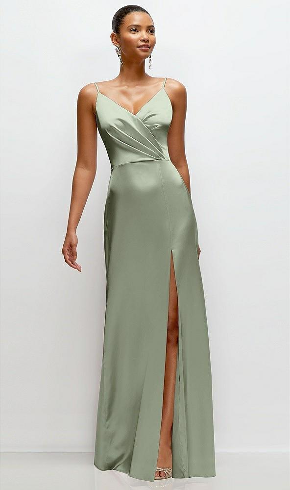 pleated faux wrap satin maxi dress with adjustable spaghetti straps