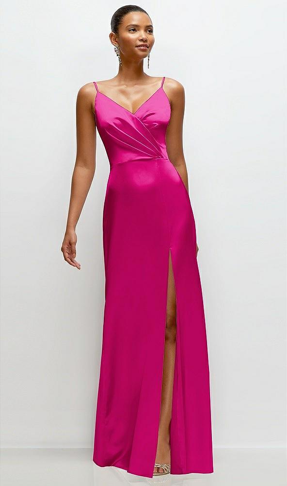 pleated faux wrap satin maxi dress with adjustable spaghetti straps