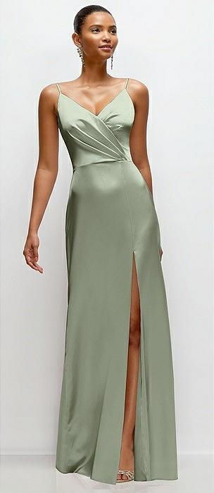pleated faux wrap satin maxi dress with adjustable spaghetti straps