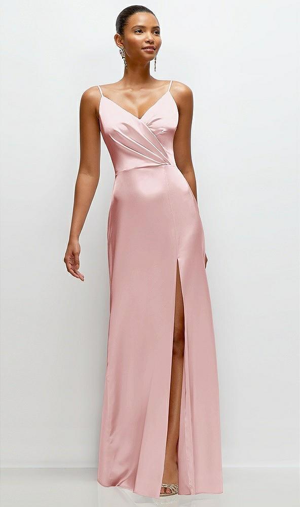 pleated faux wrap satin maxi dress with adjustable spaghetti straps