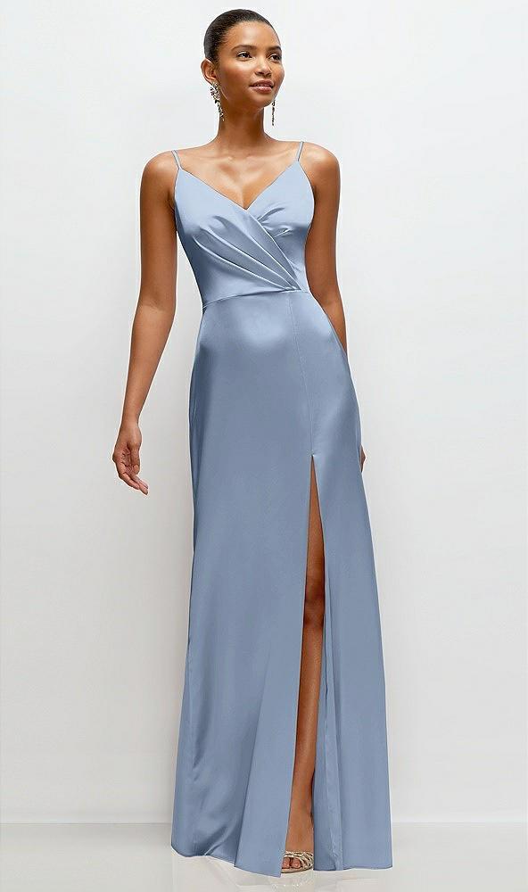 pleated faux wrap satin maxi dress with adjustable spaghetti straps