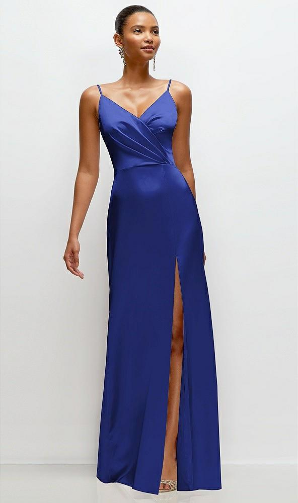 pleated faux wrap satin maxi dress with adjustable spaghetti straps
