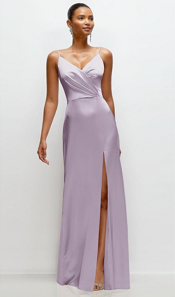 pleated faux wrap satin maxi dress with adjustable spaghetti straps