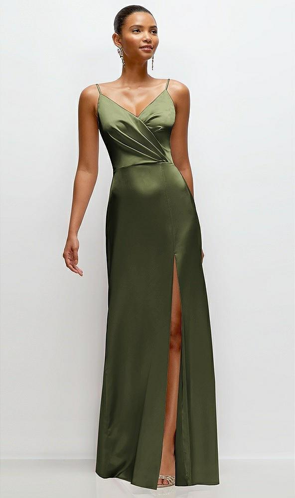 pleated faux wrap satin maxi dress with adjustable spaghetti straps