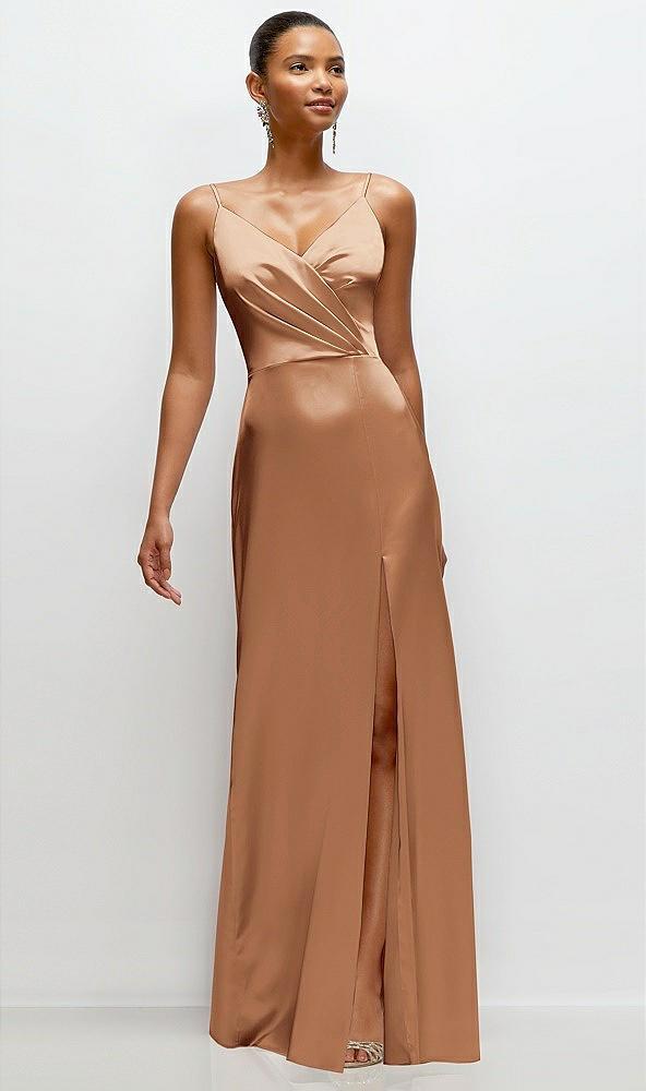 pleated faux wrap satin maxi dress with adjustable spaghetti straps